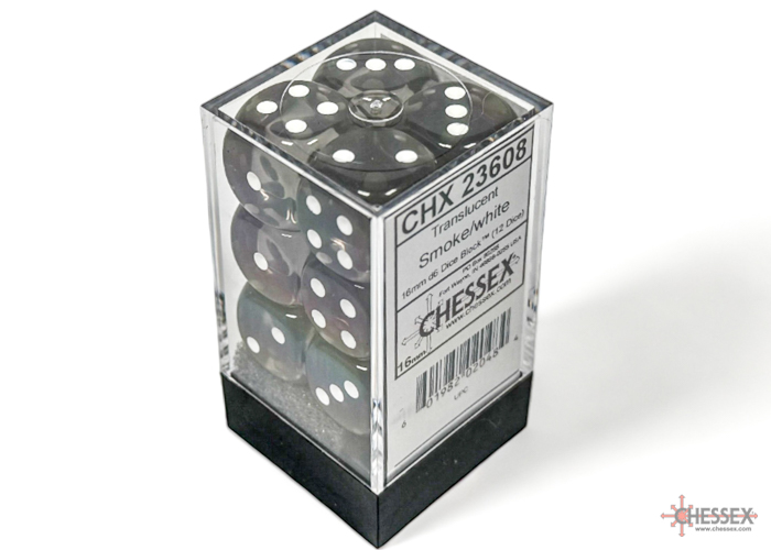 Translucent Smoke/white 16mm d6 Dice Block (12 dice) - CHX23608